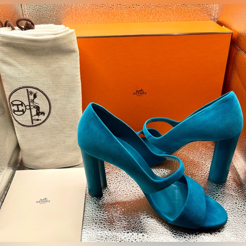 HERMES Muse Turquoise Blue Suede Open Toe Pumps Sandals Heels 38.5 8.5